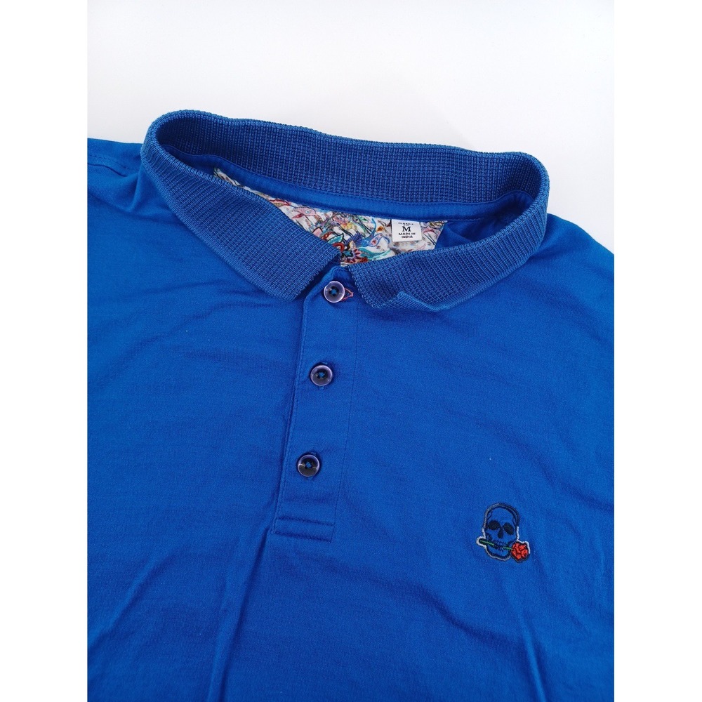Robert Graham Mens Meduim Blue Short Sleeve Polo Skull Rose Embroidered